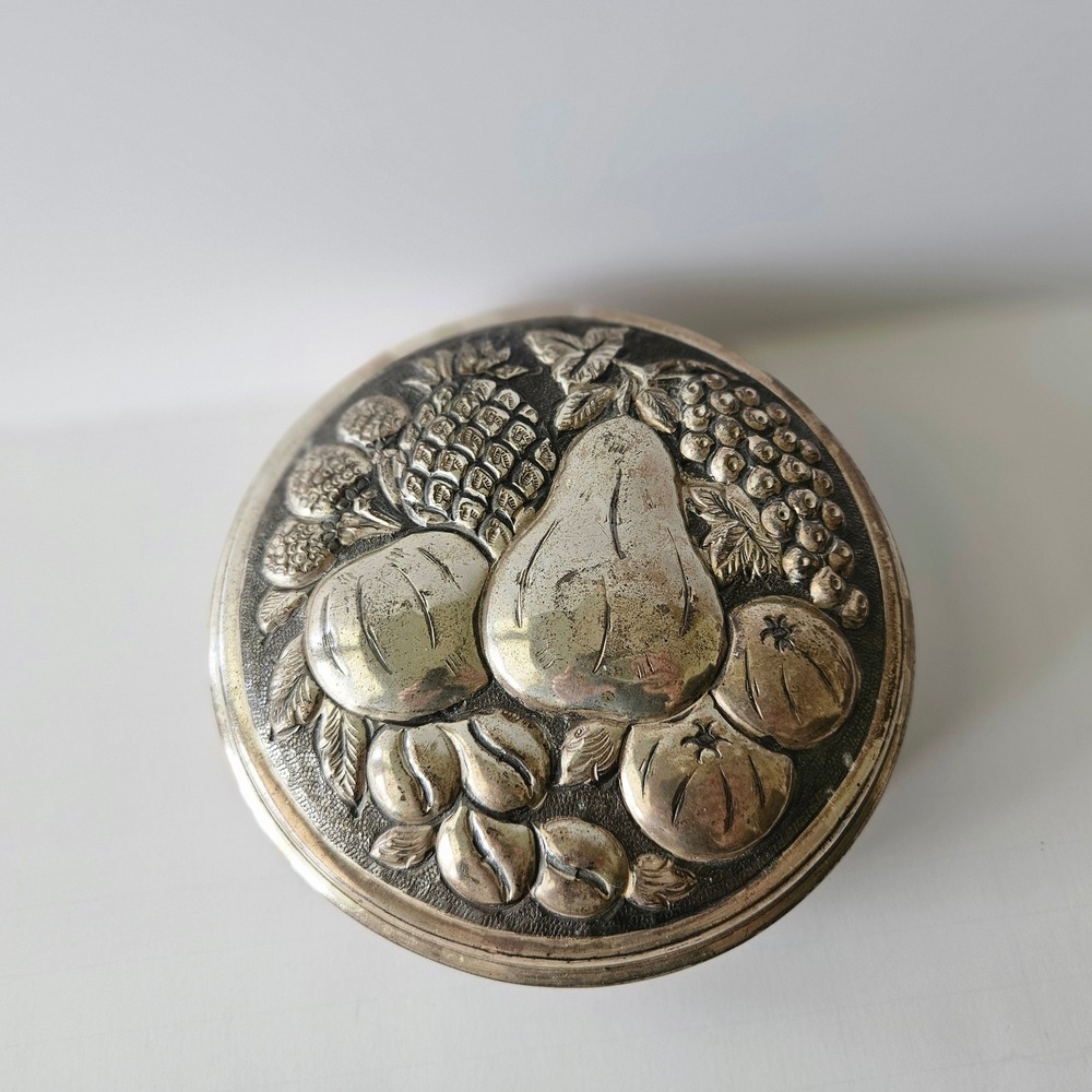 Vtg Silver-Plate Trinket Box Fruit Motif Made in India